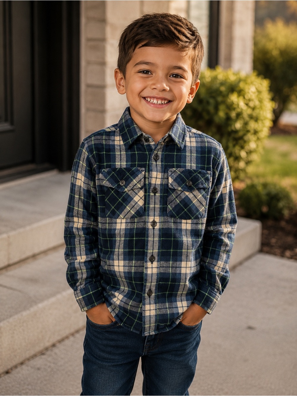 L.L. Bean Boys Navy, Cream & Green Plaid Button-Down Shirt 100% cotton Size 4